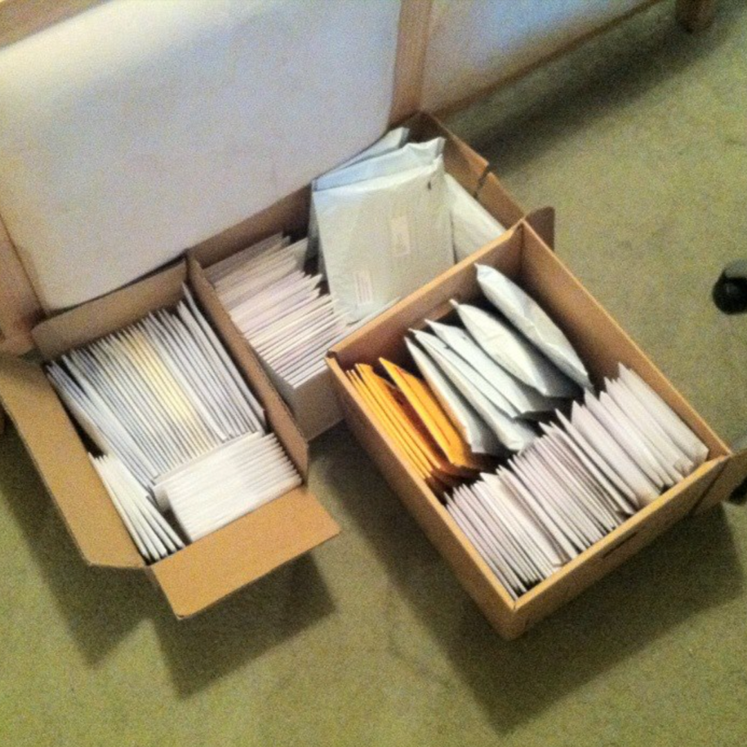 Boxes of Kickstarter orders ready to ship