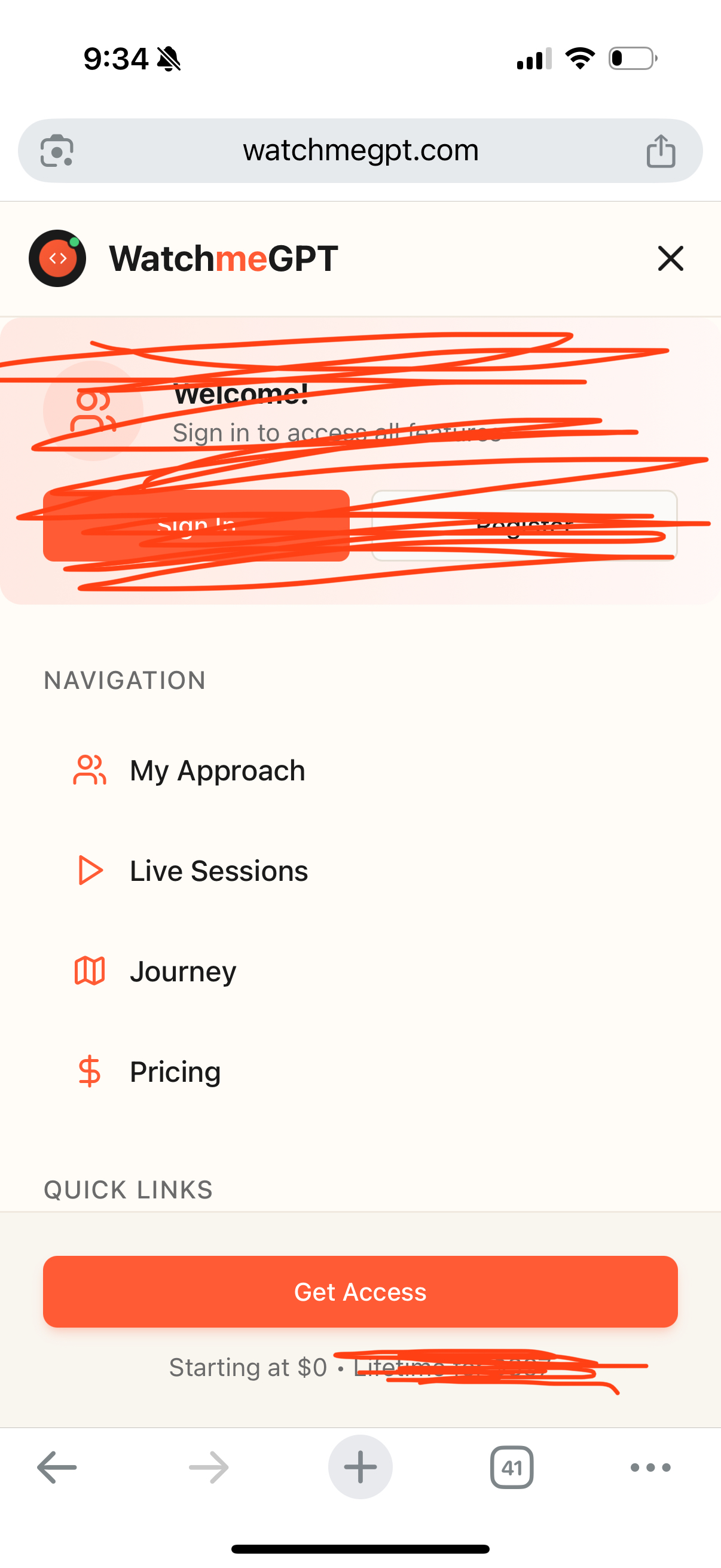 Mobile menu login and pricing text call-outs